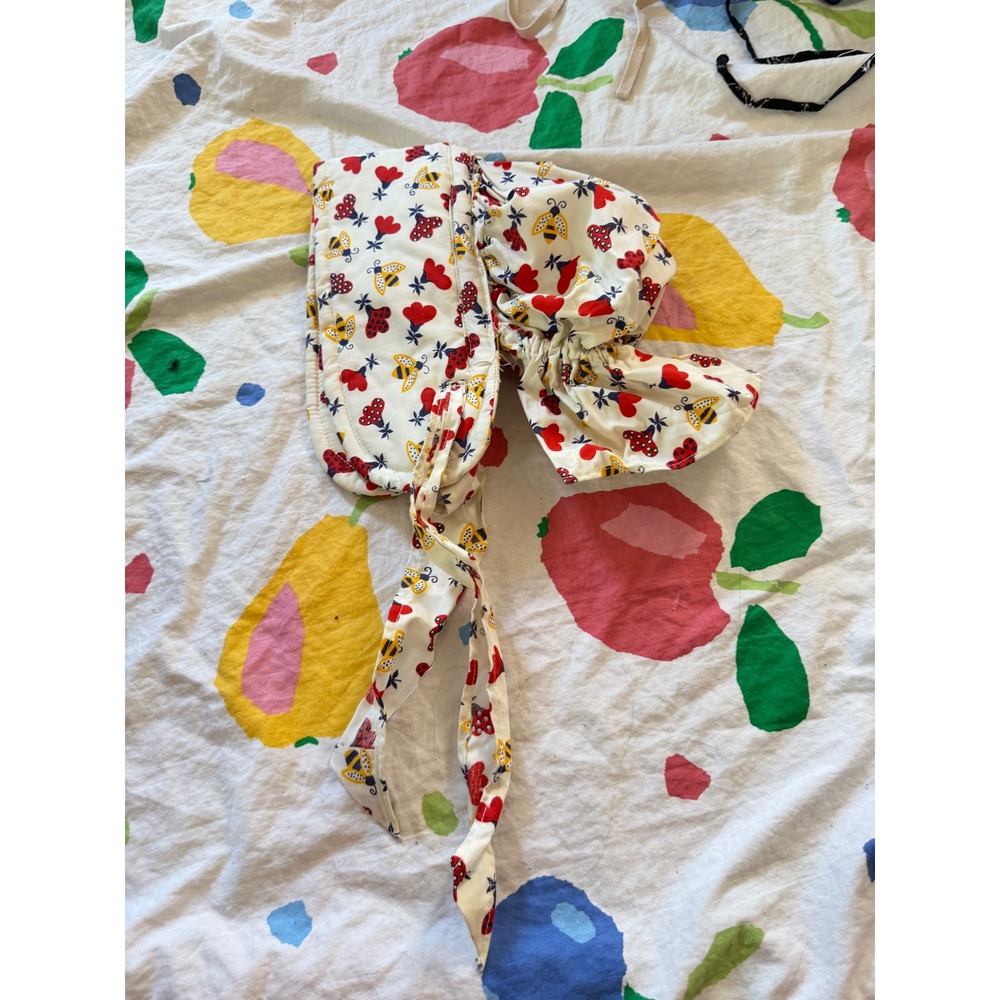 Vintage Sun Bonnet Cream Red Bumblebee Ladybug Cottagecore